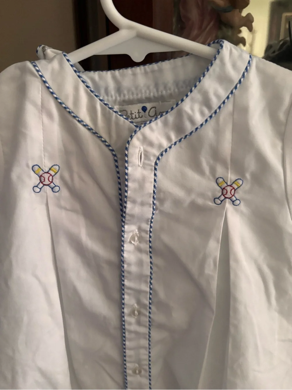 Petit Ami White baseball Bubble Romper with Blue Trim and Embroidery